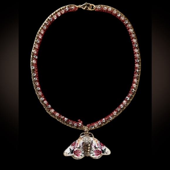 Anthropologie Fluttered Fleur Moth Butterfly Pendant Pink Gold Tone Necklace - Picture 7 of 7